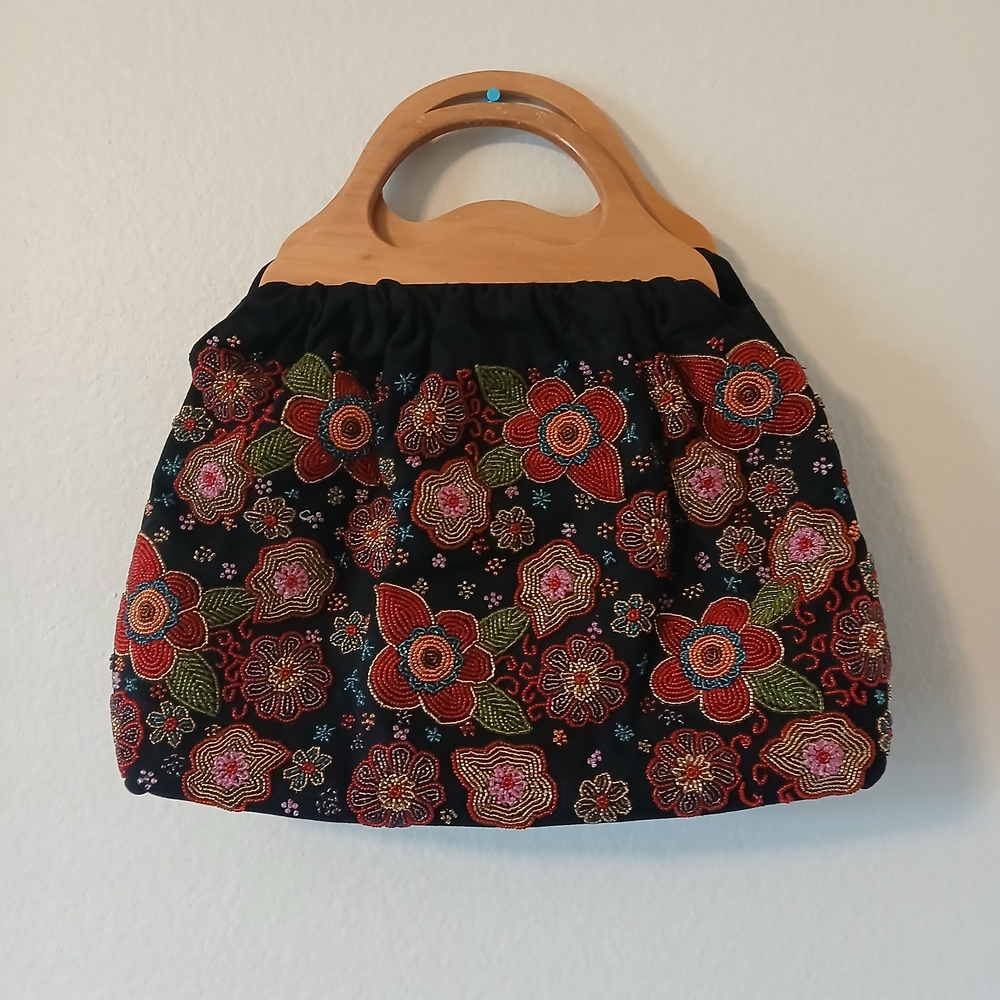 Floral Embroidered Black Handbag